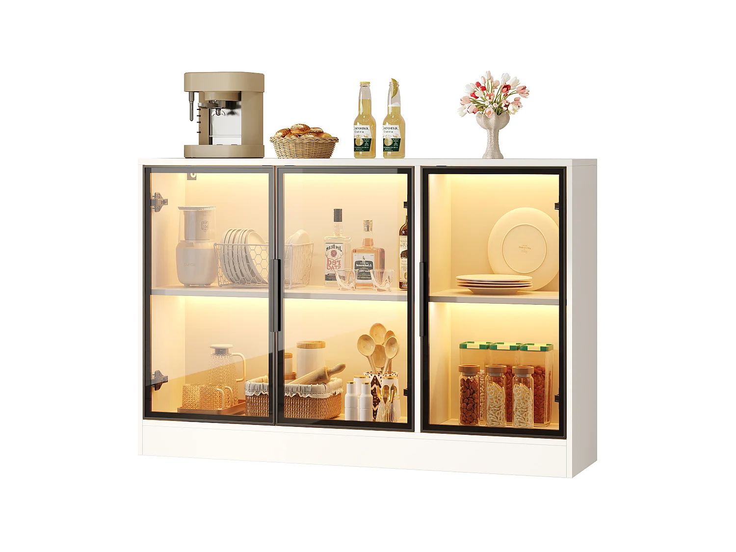 Credenza bianca a LED con 3 ante in vetro - 120 x 30 x 73 cm
