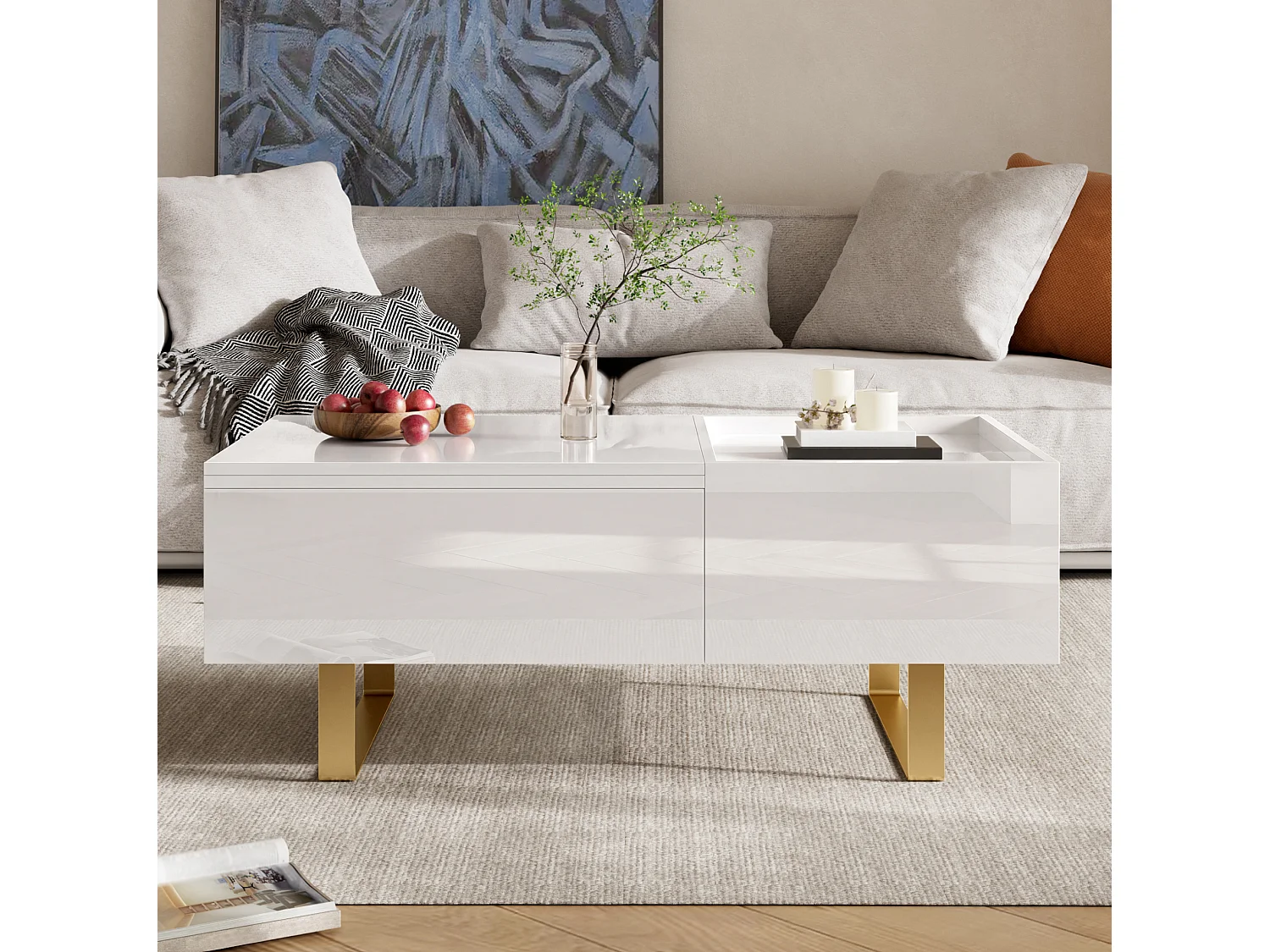 Lyftbart soffbord med blank yta och låda - Vitt 100 x 50 x 54,5 cm
