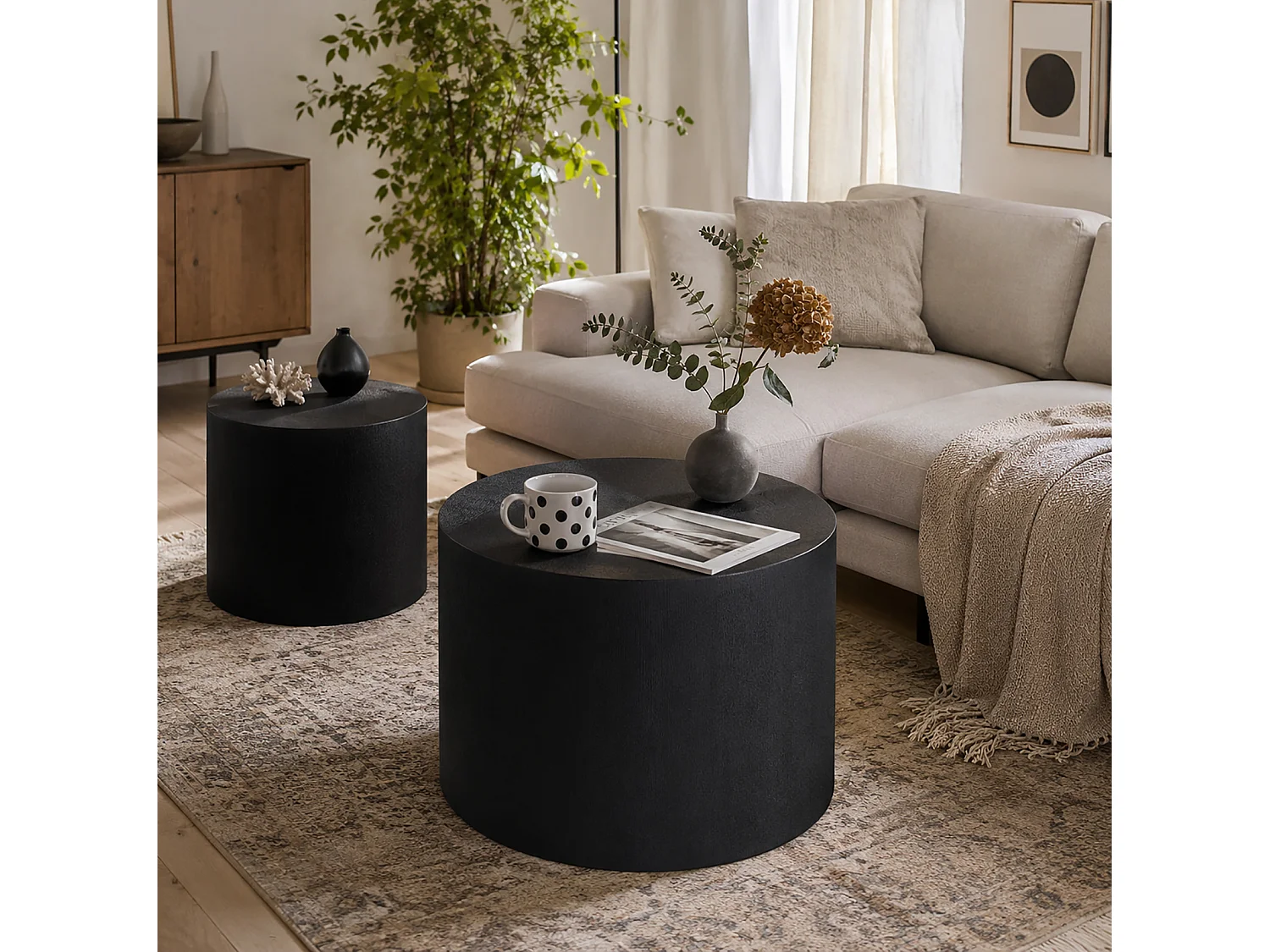 Lot de 2 tables basses rondes 48.5 cm+38 cm noir