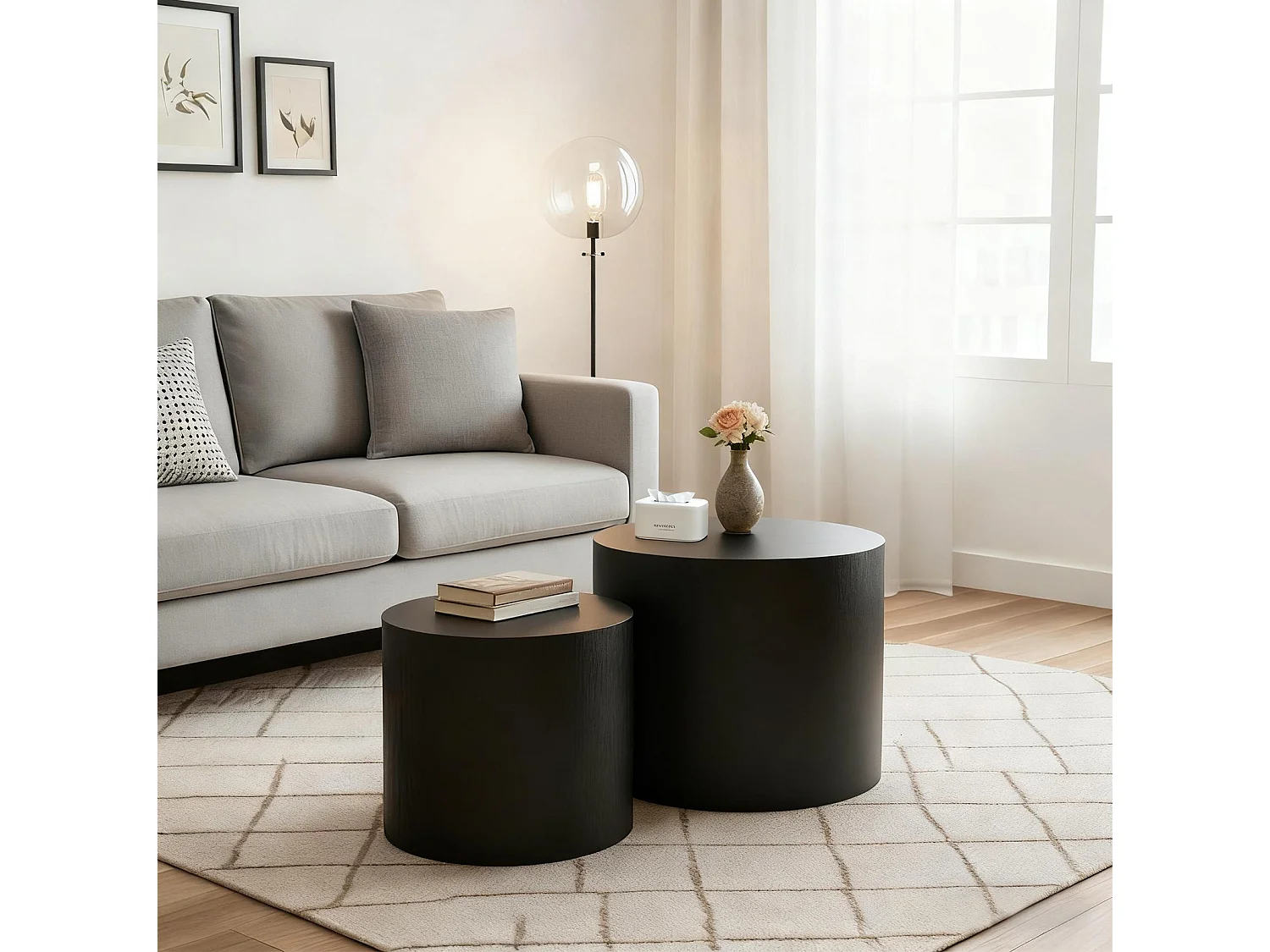 Lot de 2 tables basses rondes 48.5 cm+38 cm noir