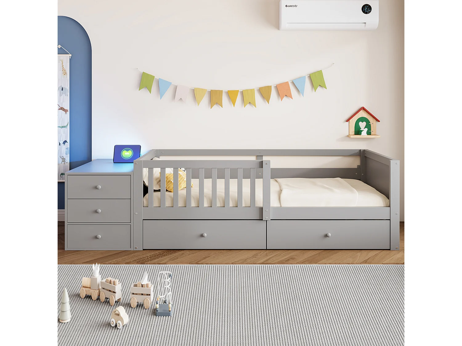 Lit enfant 90 x 200 cm avec prise, LED et 4 tiroir - Gris