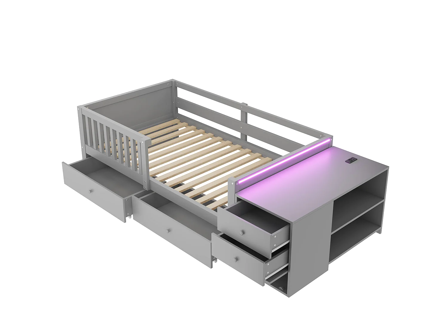 Lit enfant 90 x 200 cm avec prise, LED et 4 tiroir - Gris