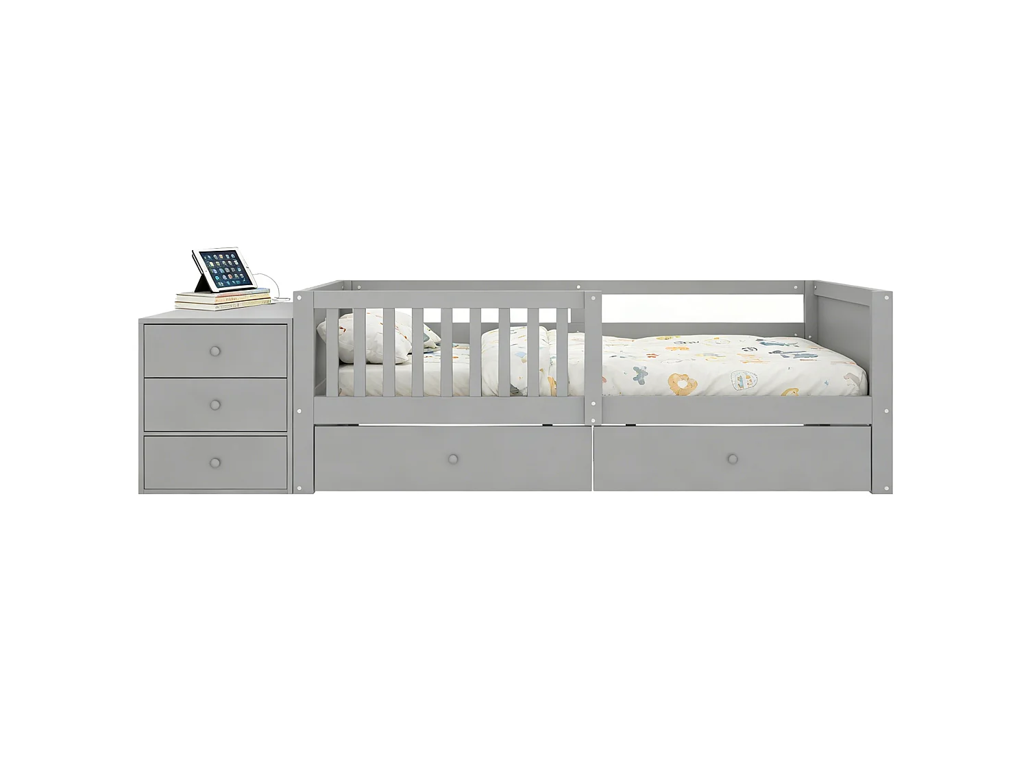 Lit enfant 90 x 200 cm avec prise, LED et 4 tiroir - Gris