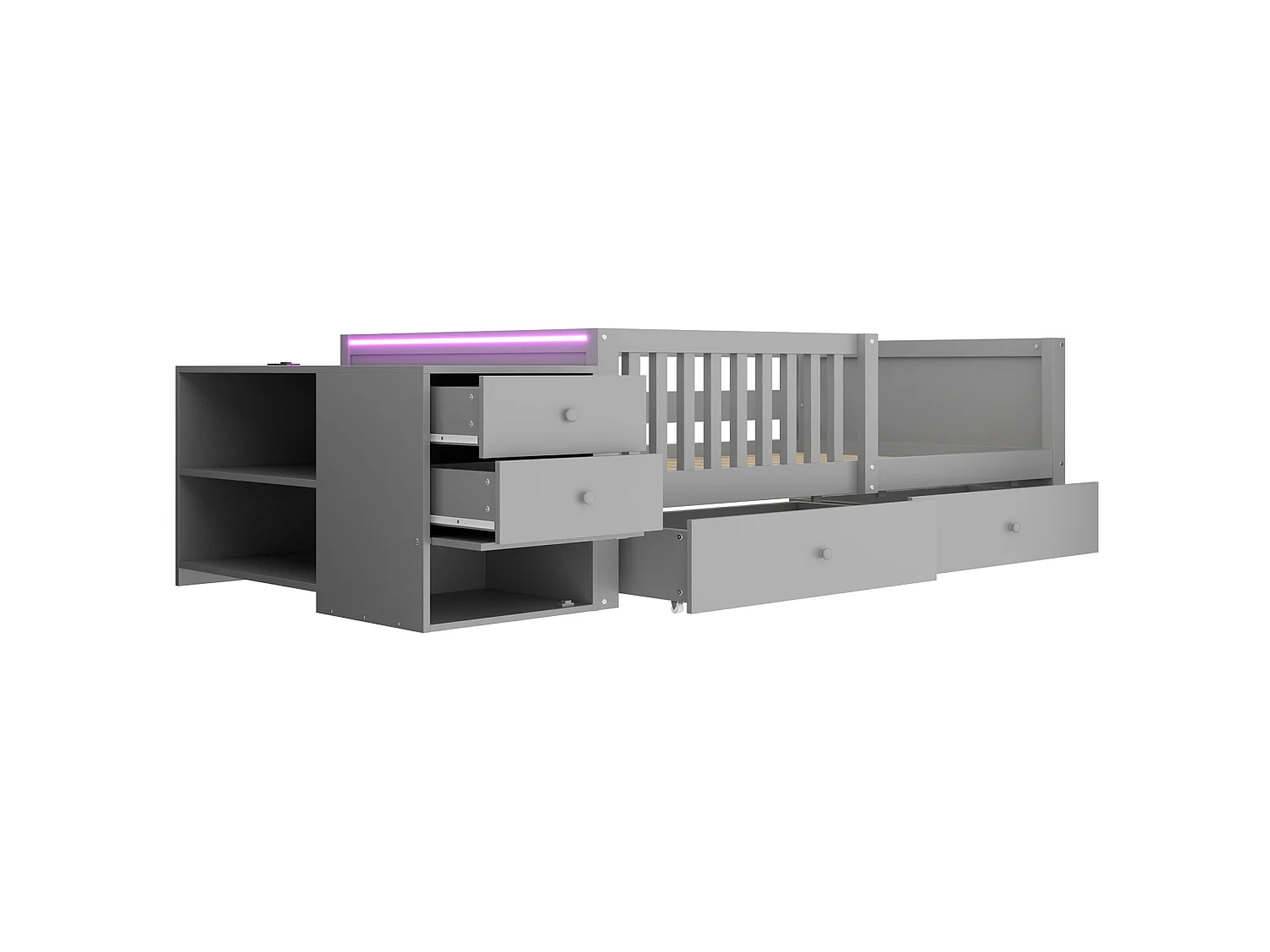 Lit enfant 90 x 200 cm avec prise, LED et 4 tiroir - Gris