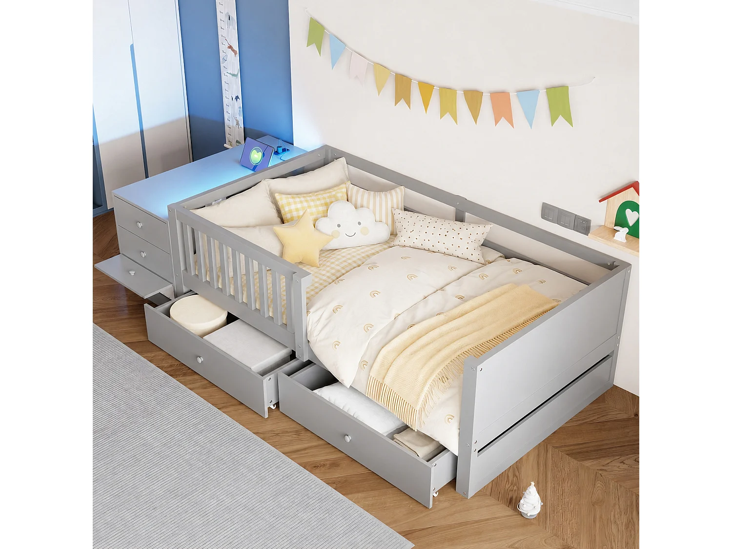 Lit enfant 90 x 200 cm avec prise, LED et 4 tiroir - Gris