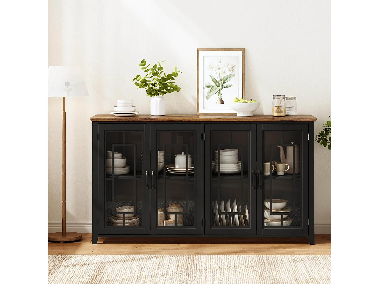 Buffet moderne avec 4 portes vitrées - Noir 160 x 40 x 86 cm