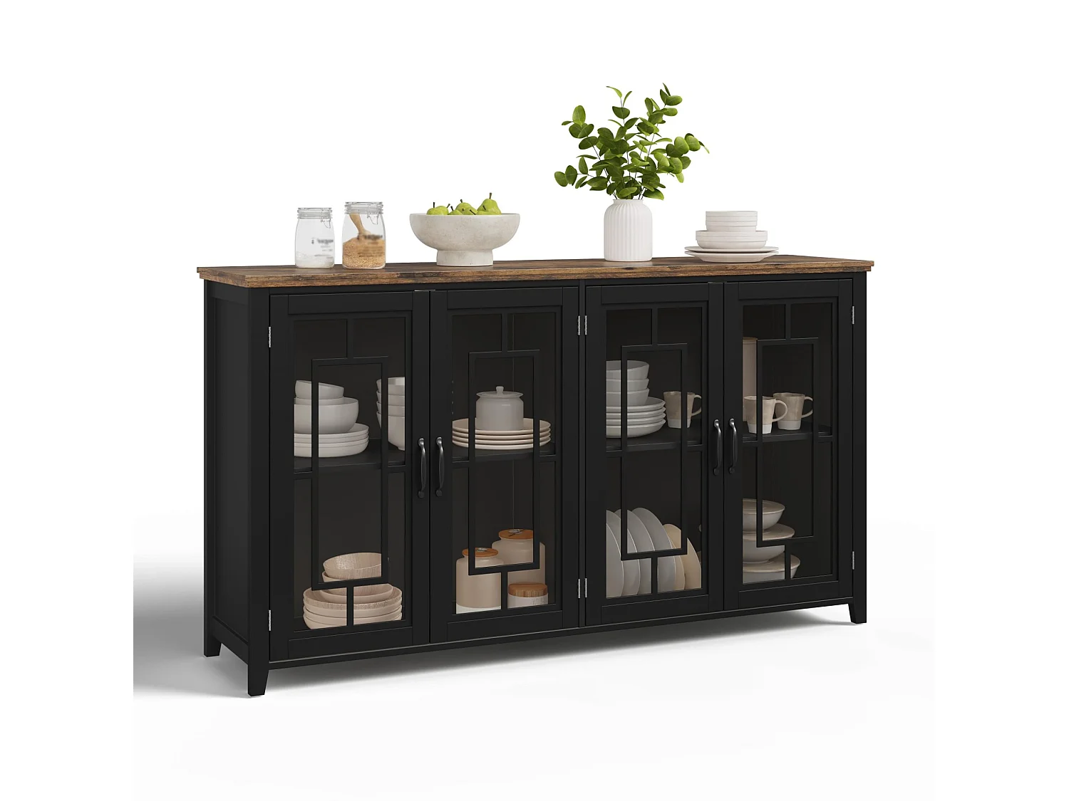 Buffet moderne avec 4 portes vitrées - Noir 160 x 40 x 86 cm