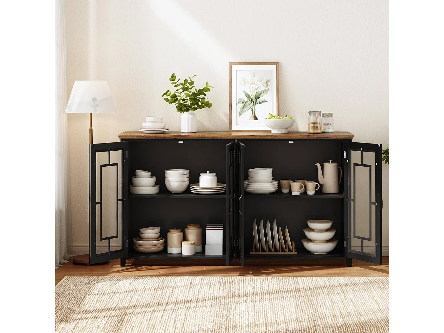 Buffet moderne avec 4 portes vitrées - Noir 160 x 40 x 86 cm