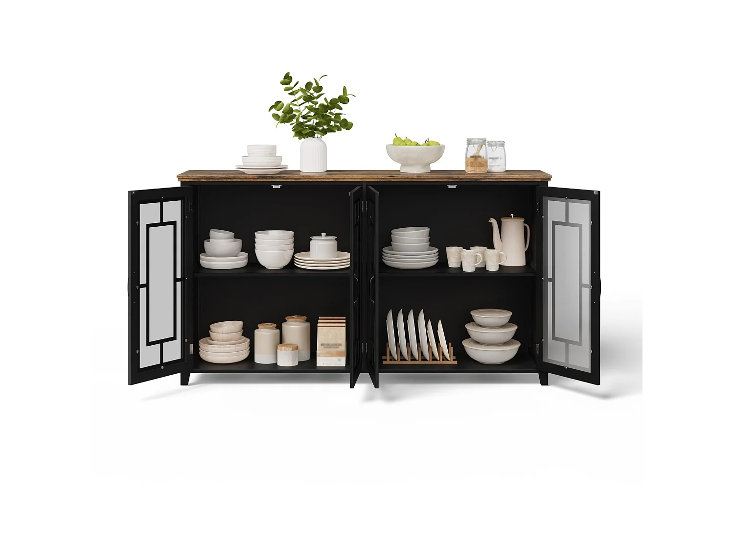 Buffet moderne avec 4 portes vitrées - Noir 160 x 40 x 86 cm