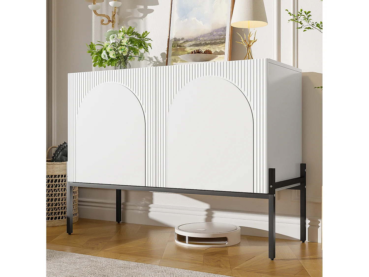 Modern skänk 100x40x75 cm med 2 dörrar och metallben - Vit