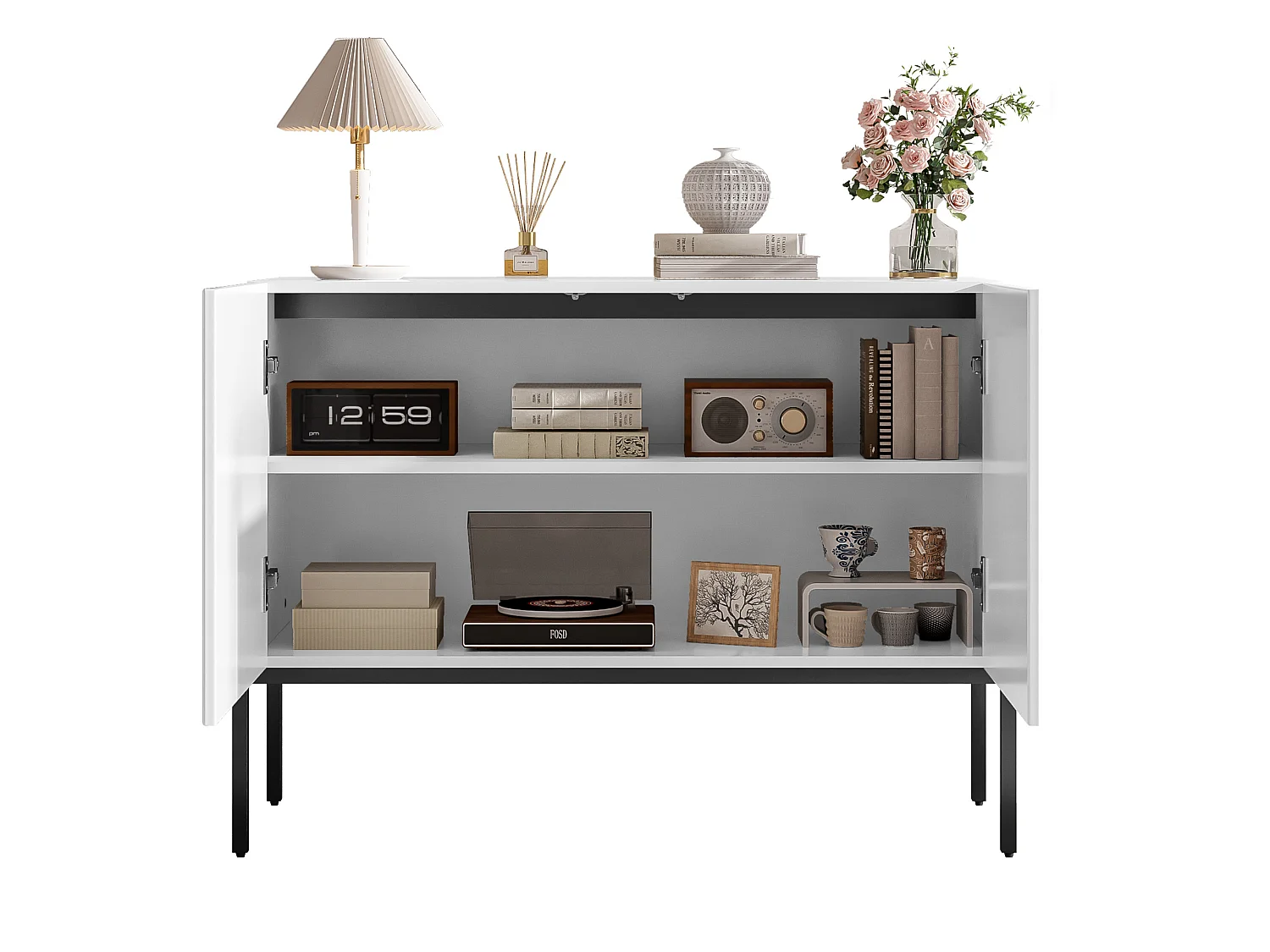 Modern skänk 100x40x75 cm med 2 dörrar och metallben - Vit