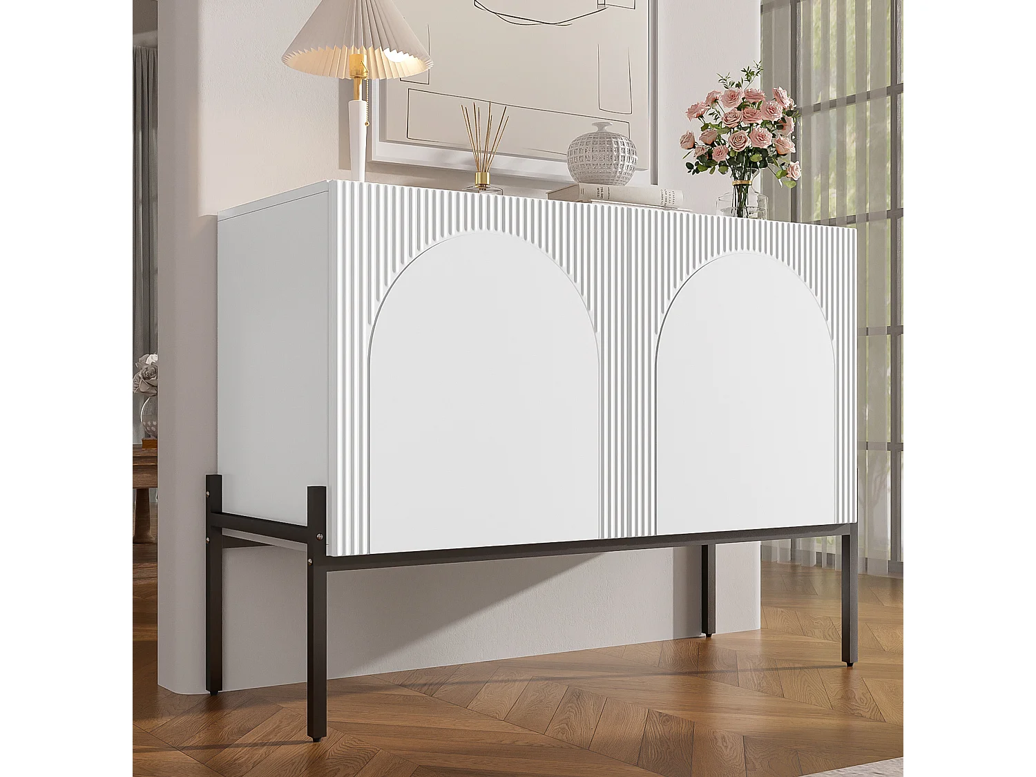Modern skänk 100x40x75 cm med 2 dörrar och metallben - Vit