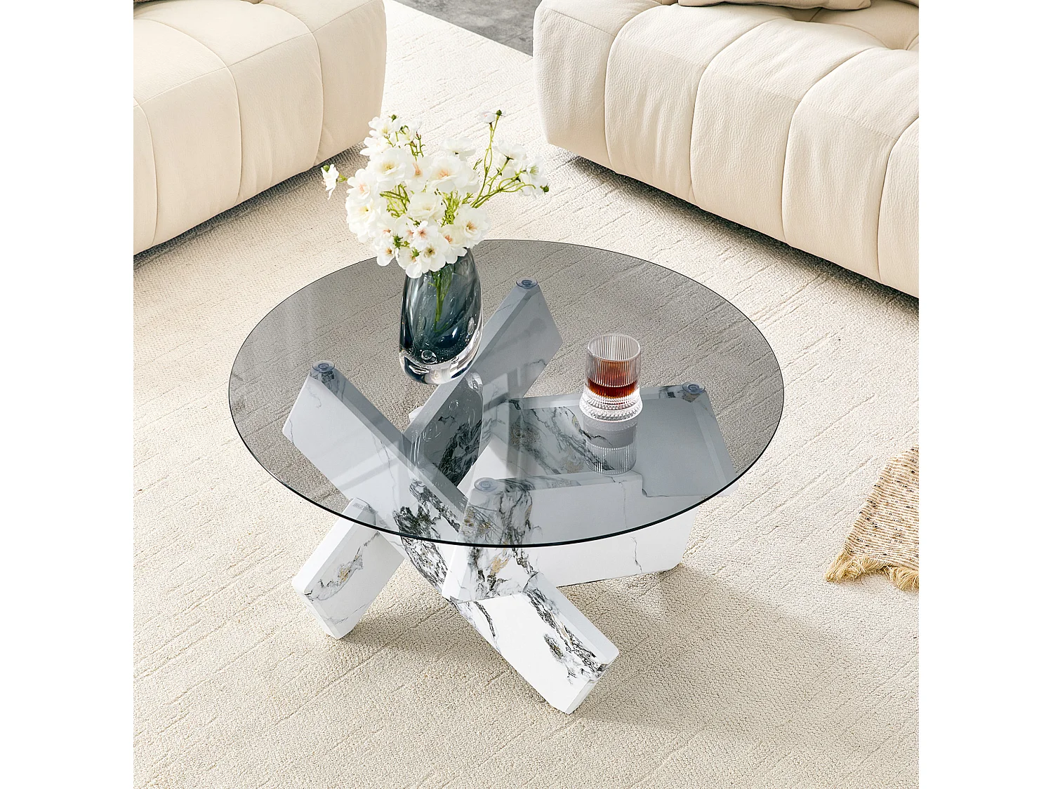 Ronde salontafel 79 cm in wit - MDF en glas - Modern design