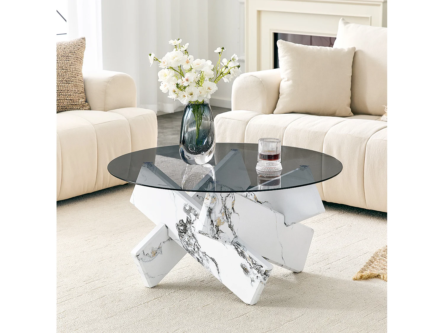 Ronde salontafel 79 cm in wit - MDF en glas - Modern design