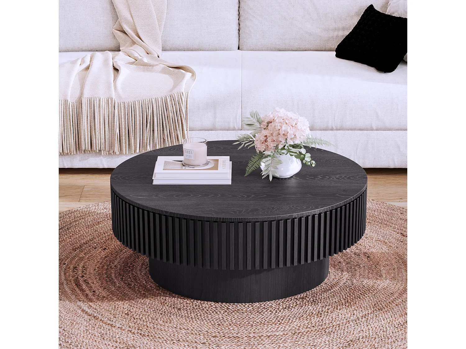 Mesa de centro redonda de 75 cm em madeira preta retro com espaço de arrumação - Tampo com textura de madeira