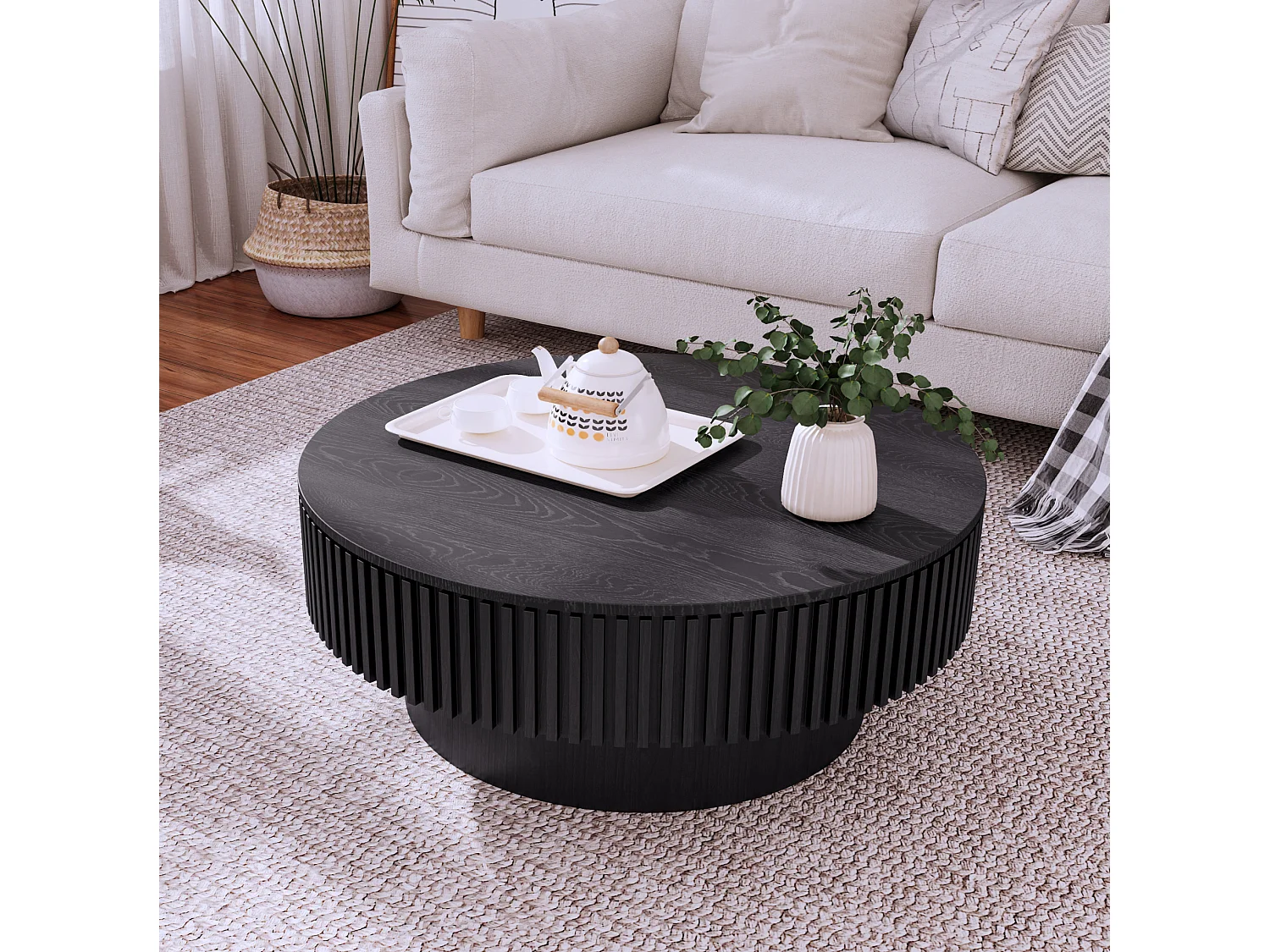 Mesa de centro redonda de 75 cm em madeira preta retro com espaço de arrumação - Tampo com textura de madeira