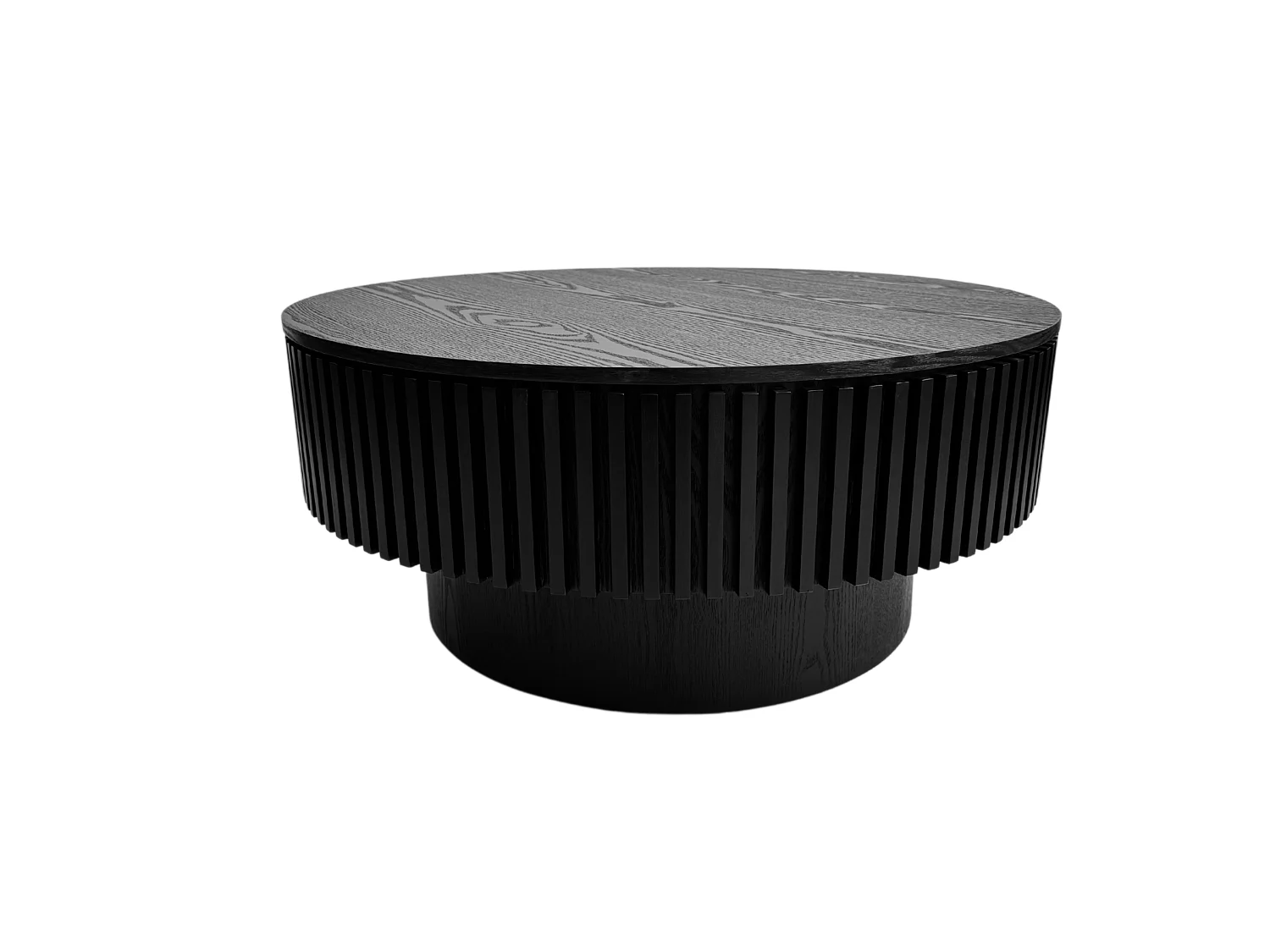 Mesa de centro redonda de 75 cm em madeira preta retro com espaço de arrumação - Tampo com textura de madeira