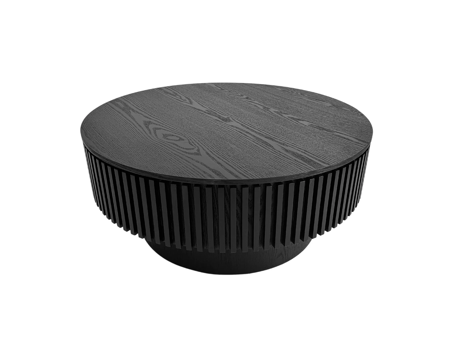Mesa de centro redonda de 75 cm em madeira preta retro com espaço de arrumação - Tampo com textura de madeira
