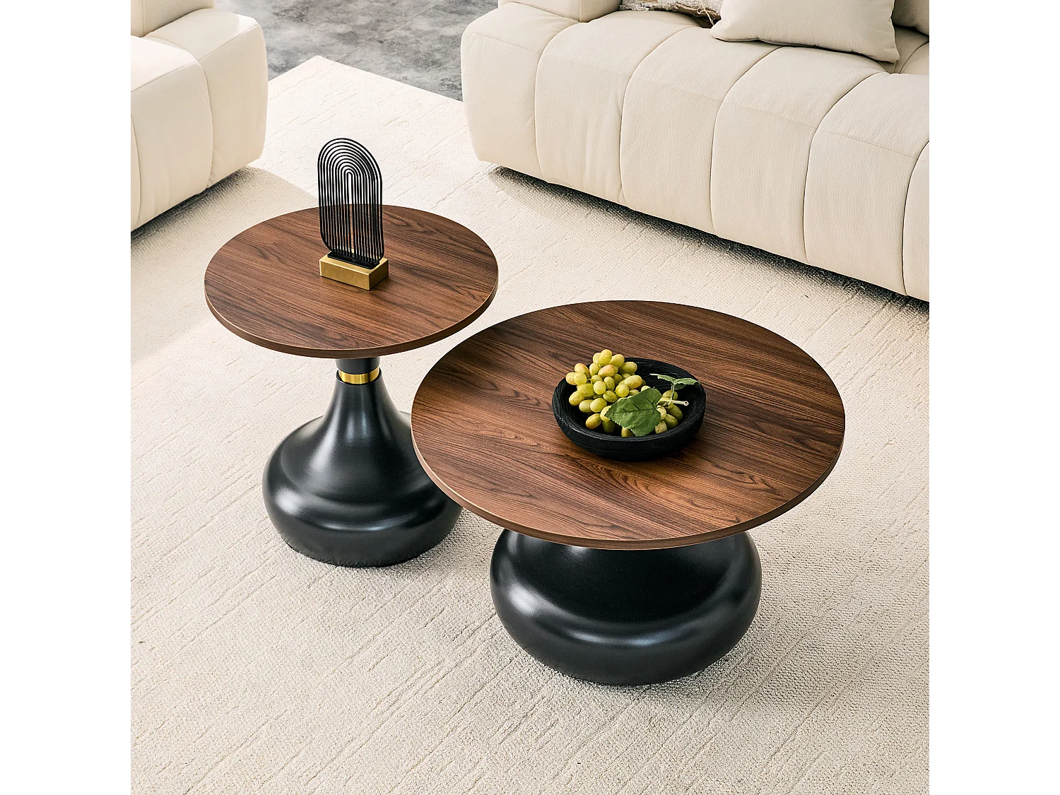 Lot de 2 table basse ronde 70 cm + 50 cm noyer et noir - Bois et métal