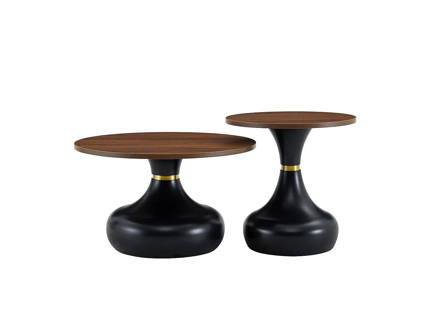 Lot de 2 table basse ronde 70 cm + 50 cm noyer et noir - Bois et métal