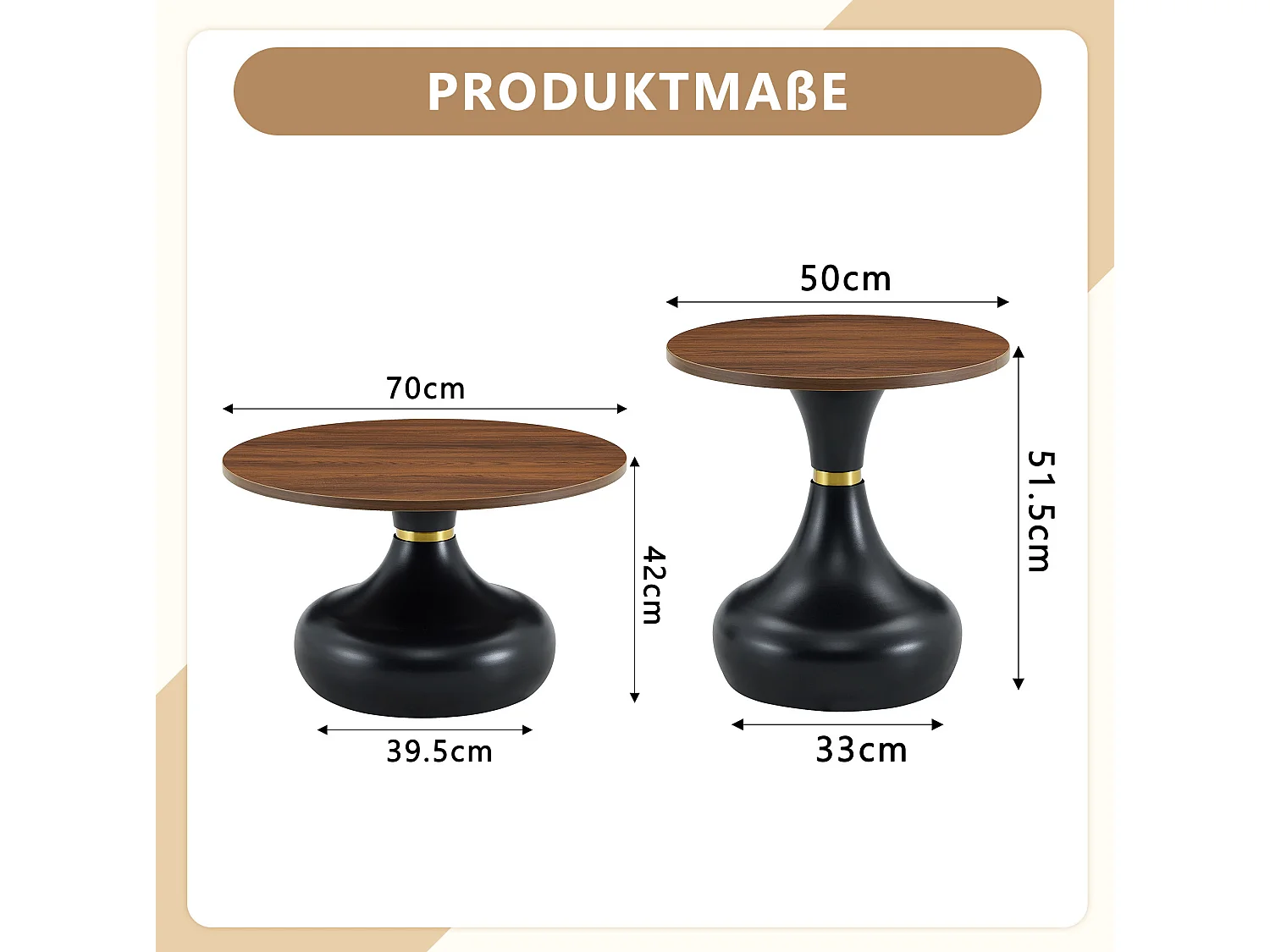 Lot de 2 table basse ronde 70 cm + 50 cm noyer et noir - Bois et métal