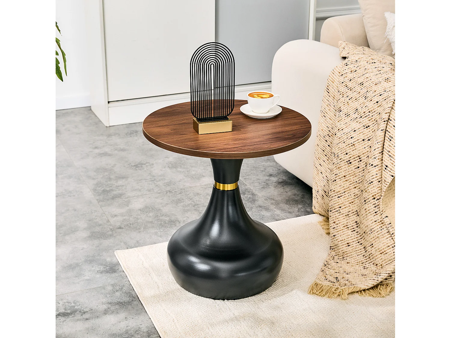 Lot de 2 table basse ronde 70 cm + 50 cm noyer et noir - Bois et métal
