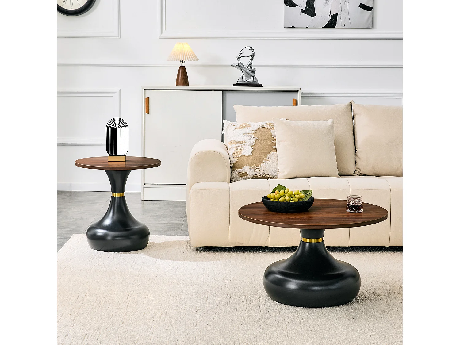 Lot de 2 table basse ronde 70 cm + 50 cm noyer et noir - Bois et métal