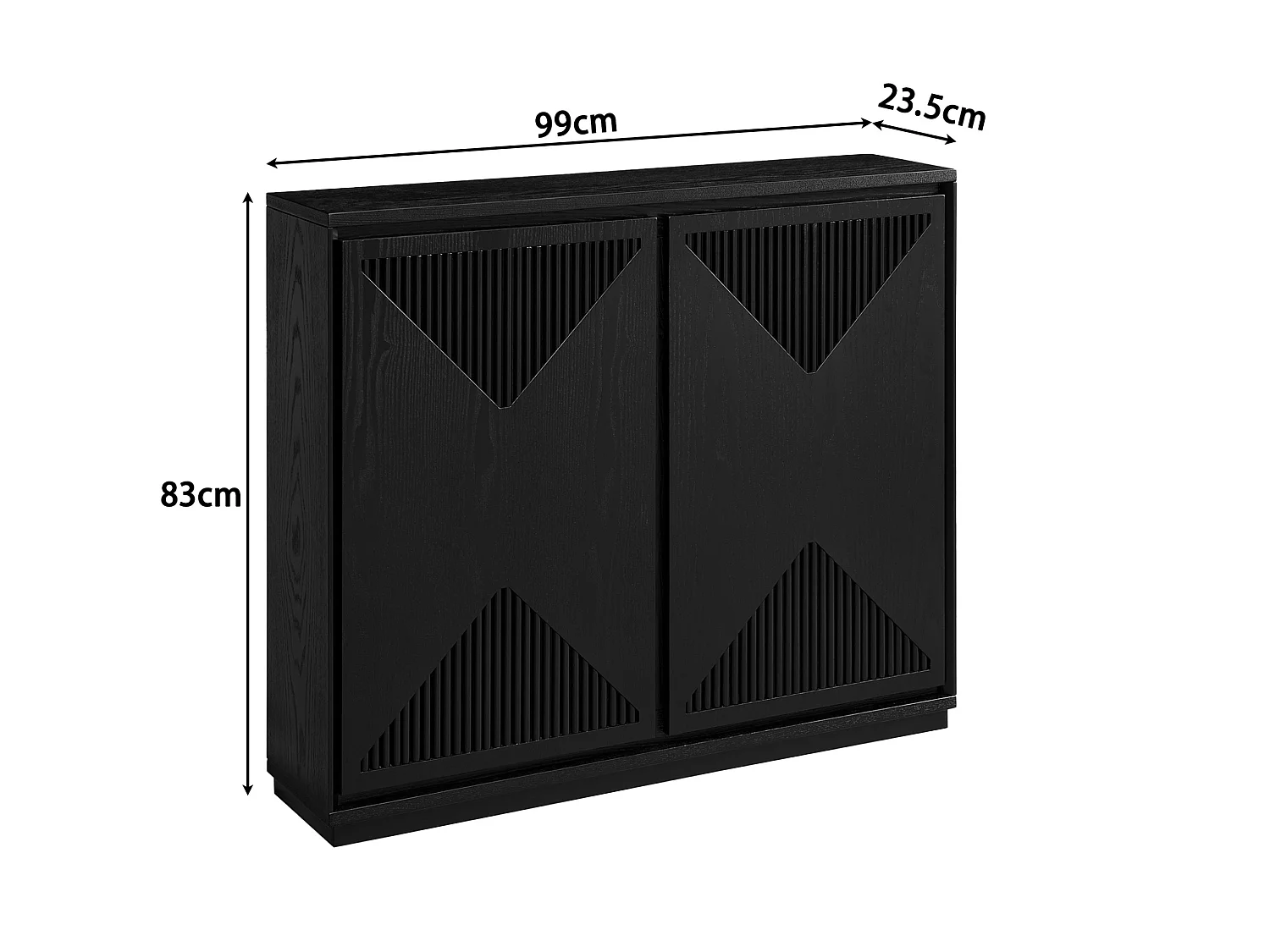 Buffet étroit noir avec 2 portes, au design V rainuré