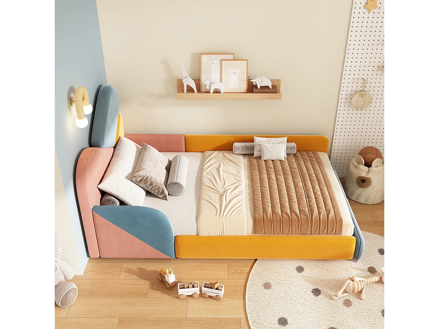 Lit enfant 90 x 200 cm multicolore en velours - Barrières de sécurité latérales