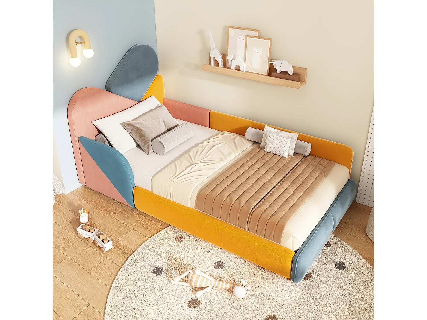 Lit enfant 90 x 200 cm multicolore en velours - Barrières de sécurité latérales