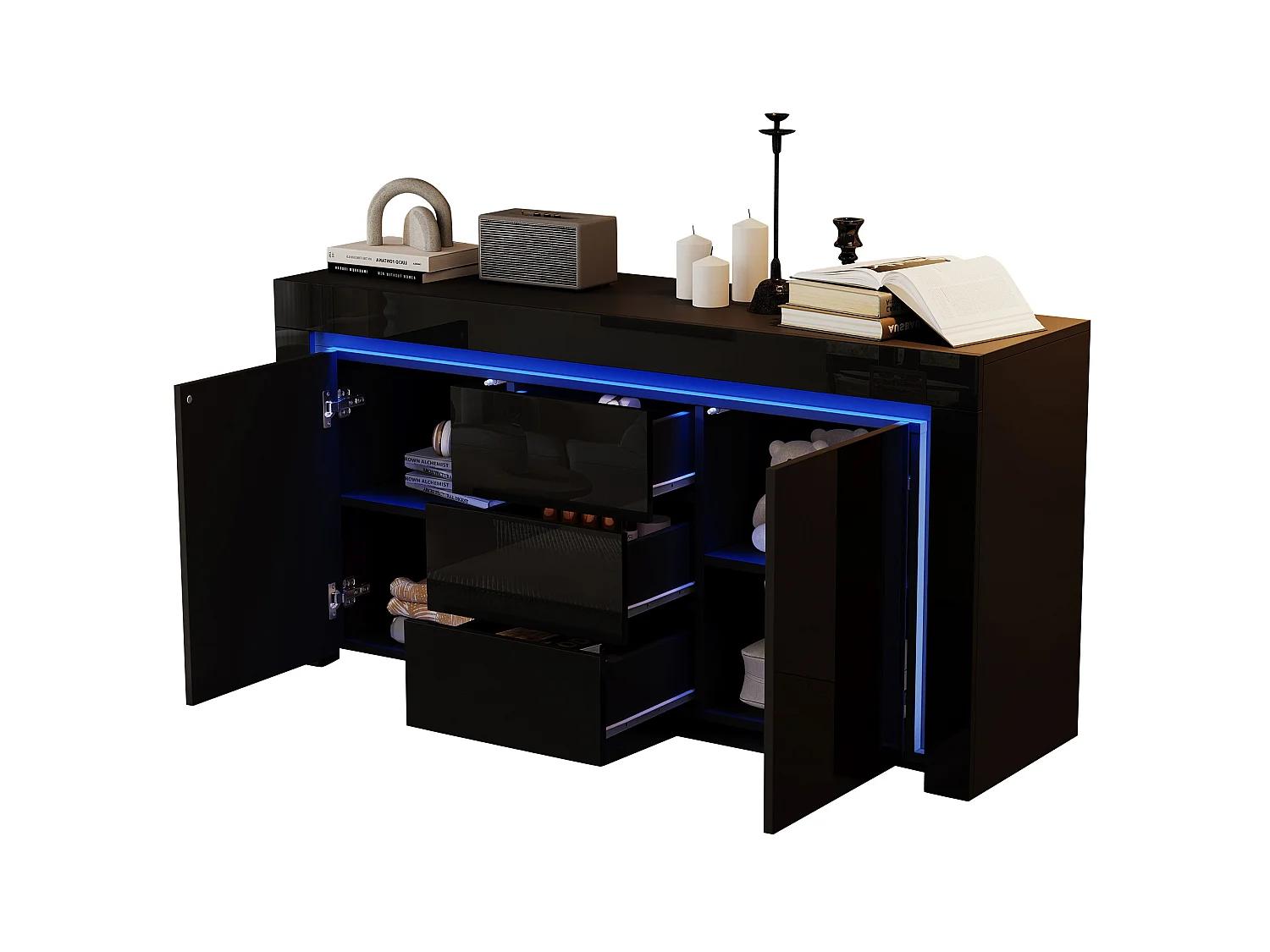 Credenza da 140 x 40 x 65 cm con 3 cassetti e 2 ante - Finitura nero lucido