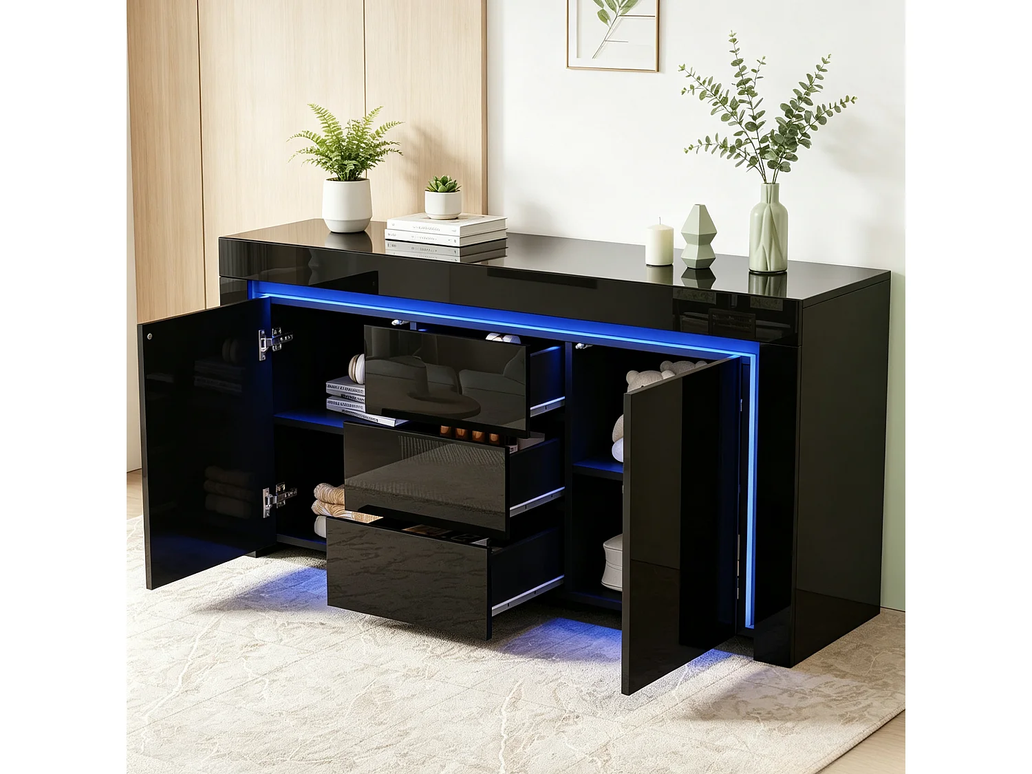 Credenza da 140 x 40 x 65 cm con 3 cassetti e 2 ante - Finitura nero lucido