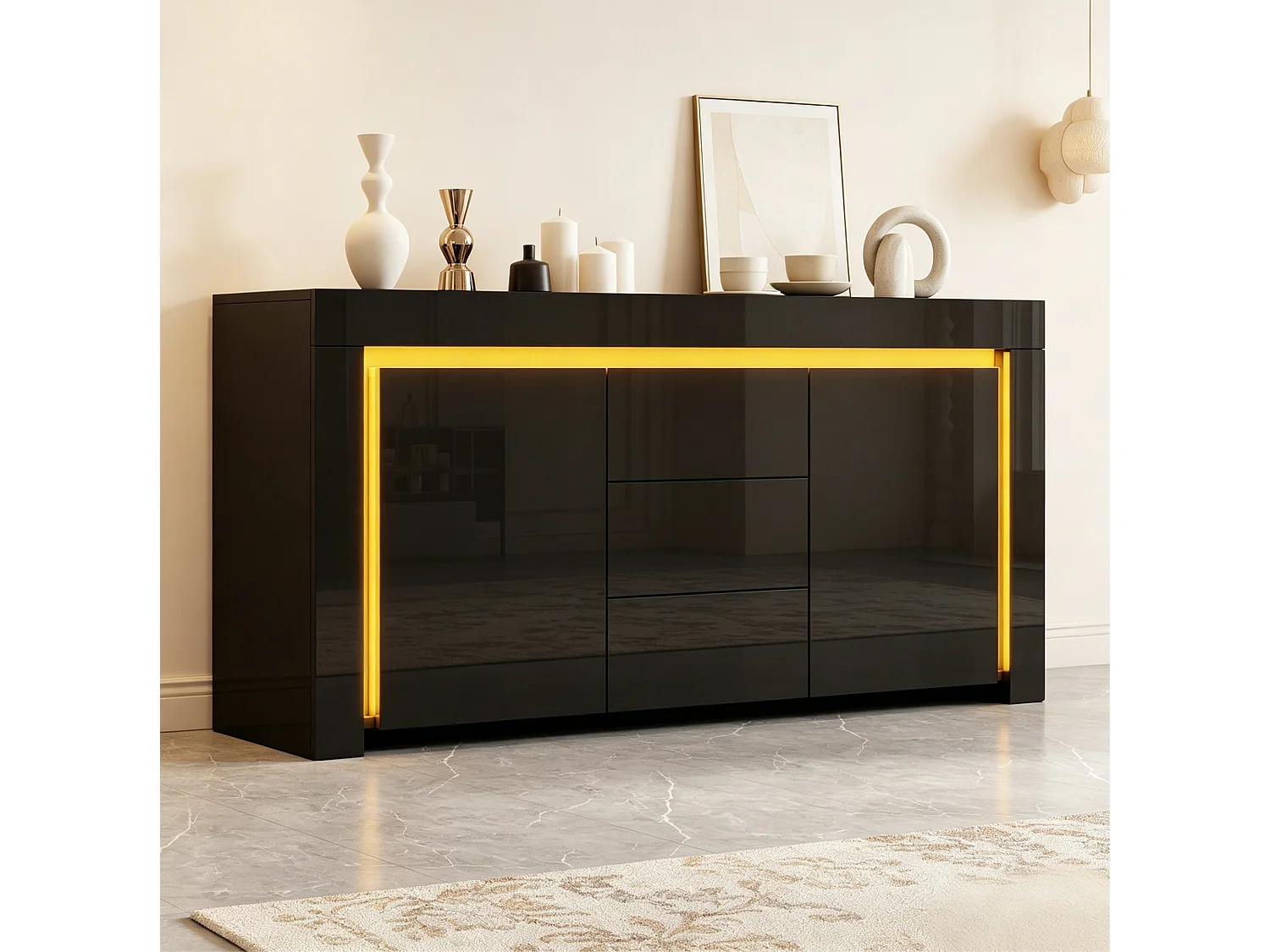 Credenza da 140 x 40 x 65 cm con 3 cassetti e 2 ante - Finitura nero lucido