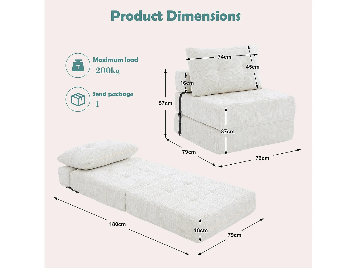 Canapé convertible pliable beige en chenille, avec coussin, lit d'appoint, salon/chambre