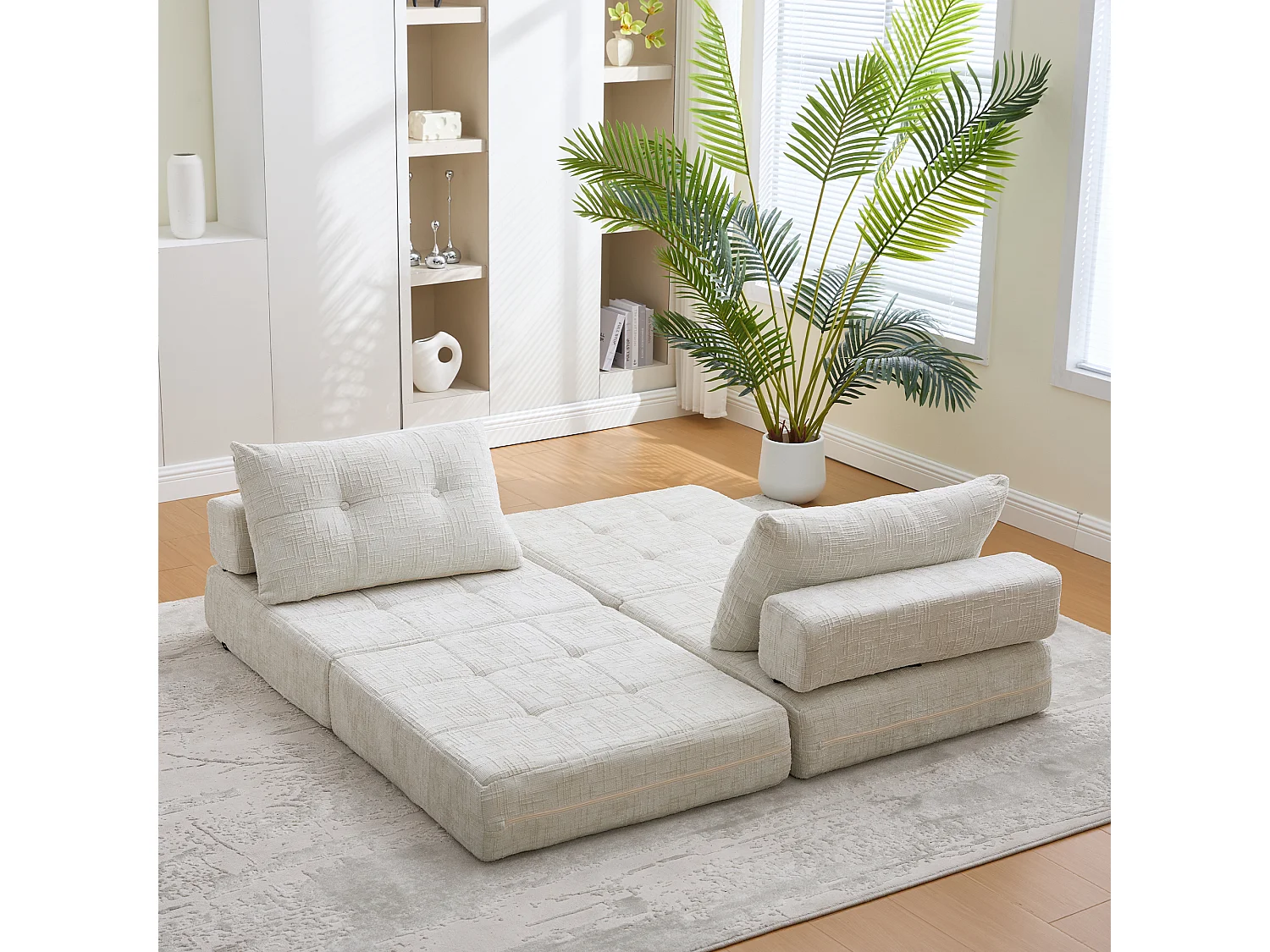 Canapé convertible pliable beige en chenille, avec coussin, lit d'appoint, salon/chambre