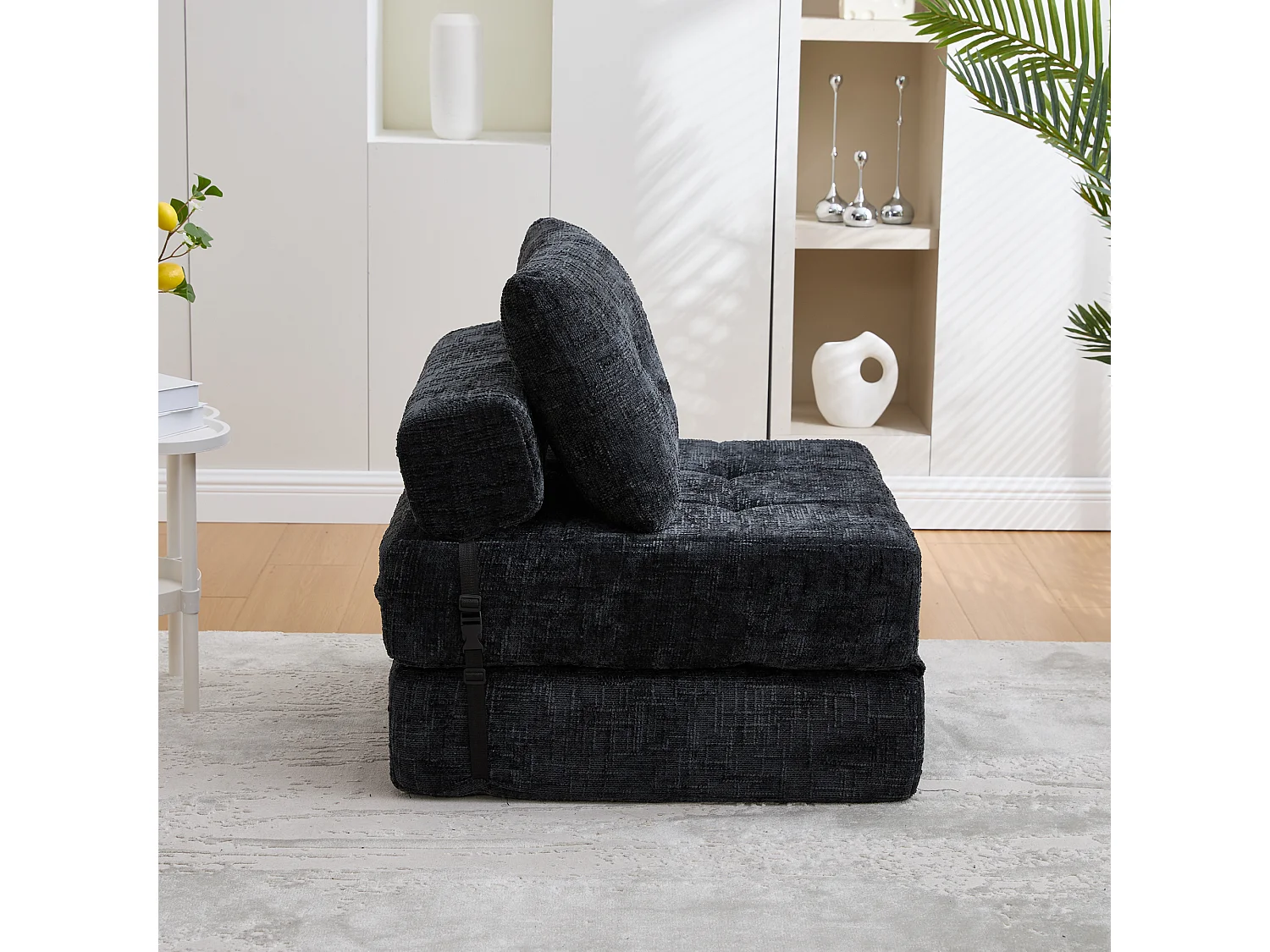 Canapé convertible pliable noir en chenille, avec coussin, lit d'appoint, salon/chambre