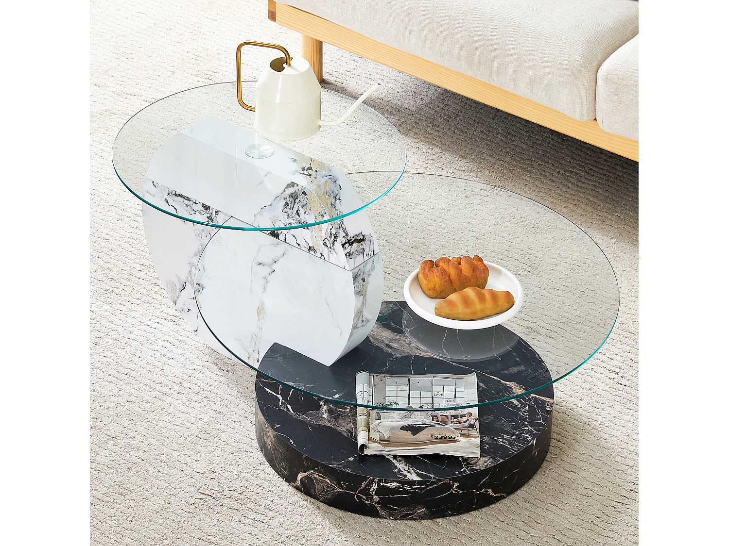 Mesa de centro minimalista de cristal de 2 niveles - Efecto mármol blanco y negro