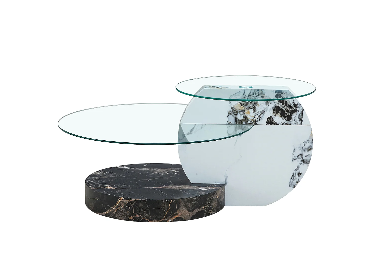 Mesa de centro minimalista de cristal de 2 niveles - Efecto mármol blanco y negro