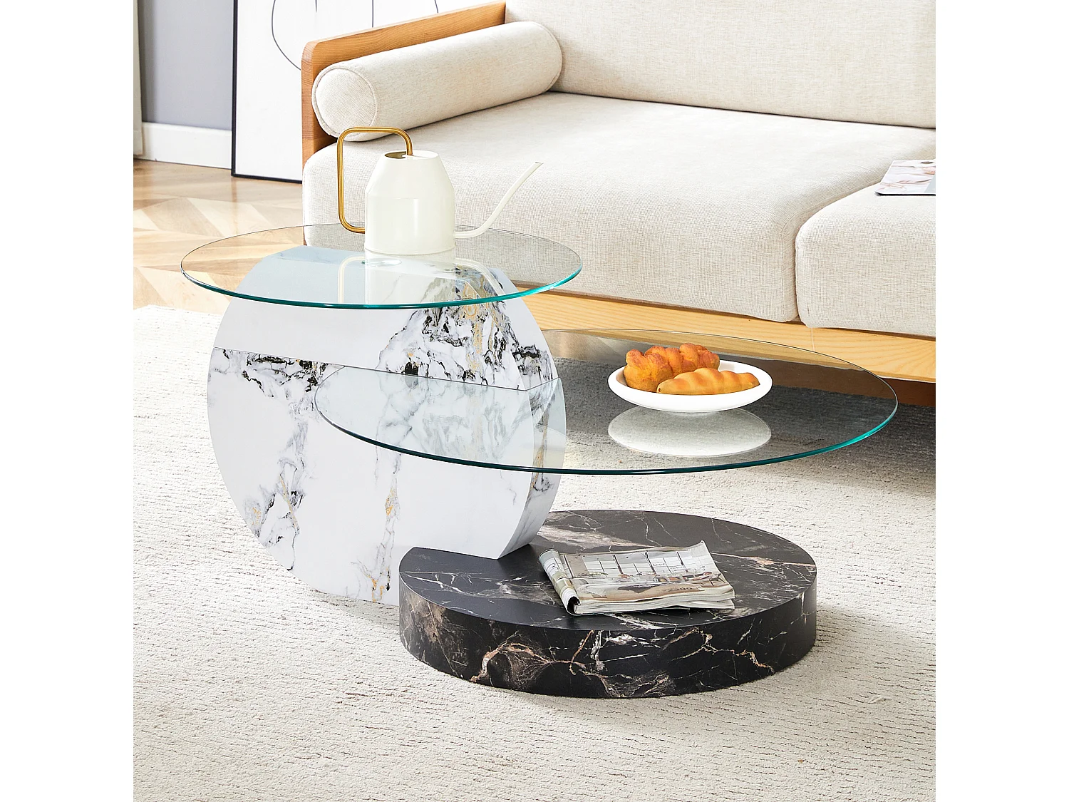 Mesa de centro minimalista de cristal de 2 niveles - Efecto mármol blanco y negro