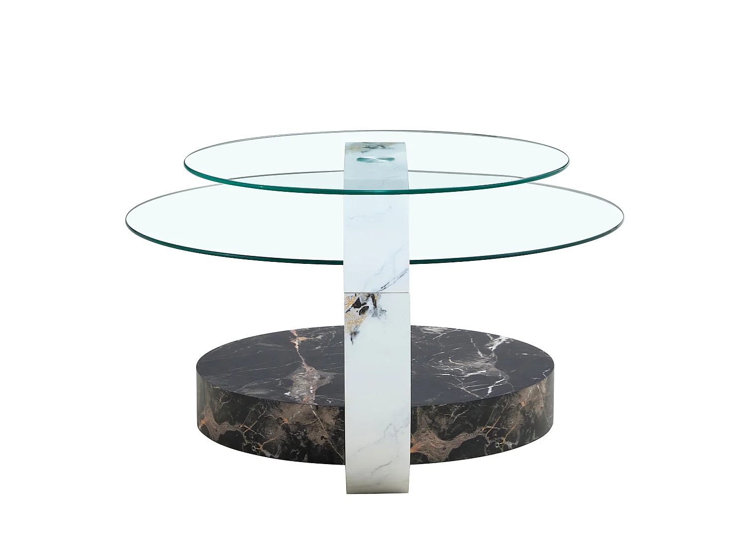 Mesa de centro minimalista de cristal de 2 niveles - Efecto mármol blanco y negro