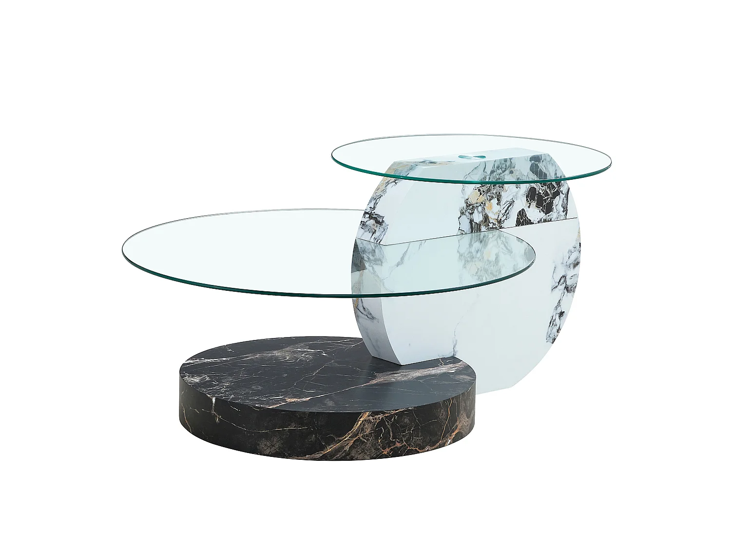 Mesa de centro minimalista de cristal de 2 niveles - Efecto mármol blanco y negro