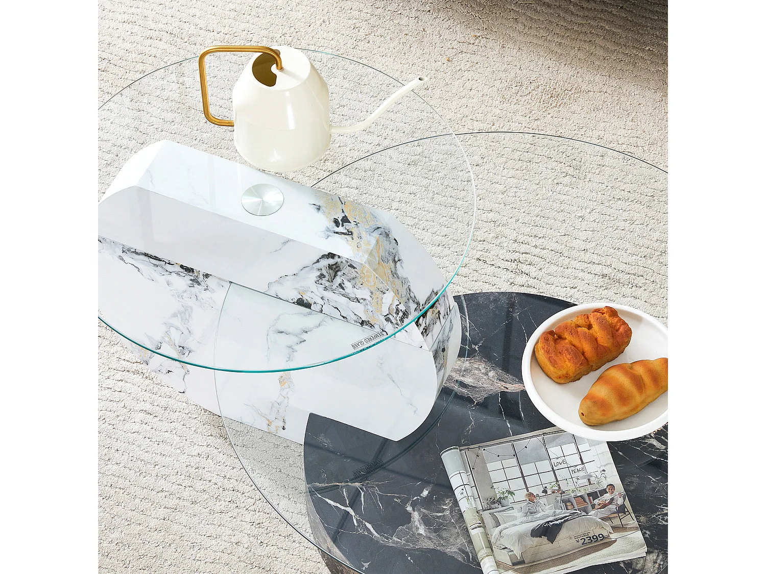 Mesa de centro minimalista de cristal de 2 niveles - Efecto mármol blanco y negro