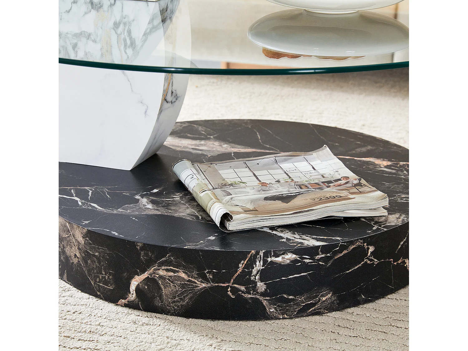 Mesa de centro minimalista de cristal de 2 niveles - Efecto mármol blanco y negro