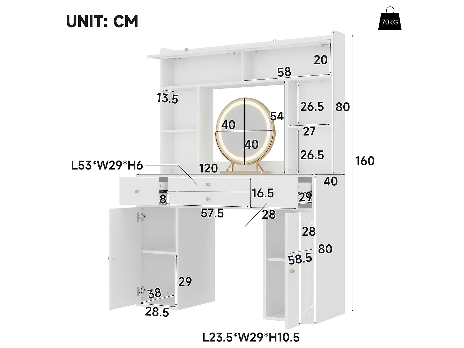 Kaptafel 120x40x160 cm met spiegel, LED-verlichting, 4 lades en 4 deuren - Wit