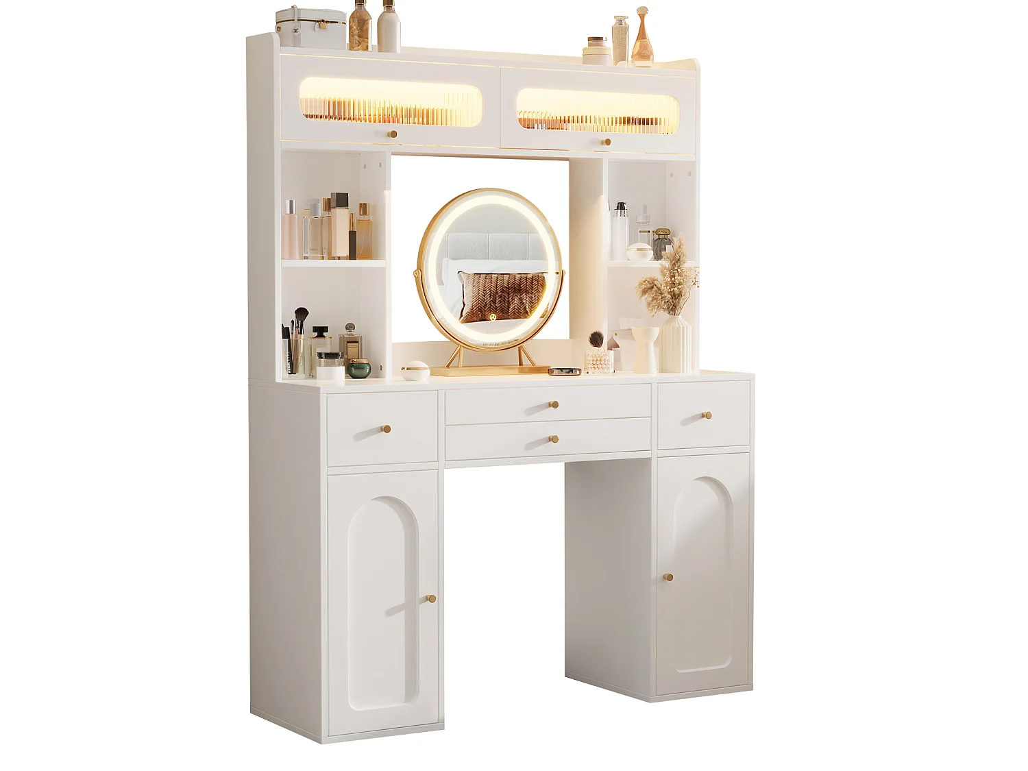 Kaptafel 120x40x160 cm met spiegel, LED-verlichting, 4 lades en 4 deuren - Wit
