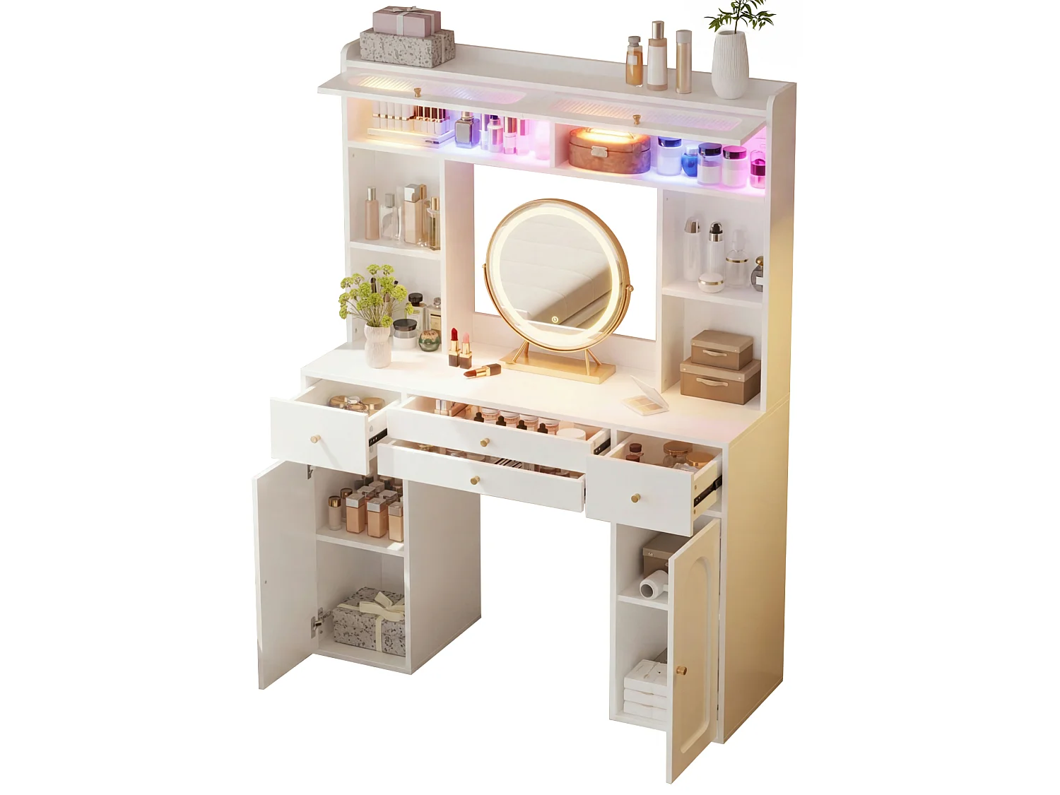Kaptafel 120x40x160 cm met spiegel, LED-verlichting, 4 lades en 4 deuren - Wit
