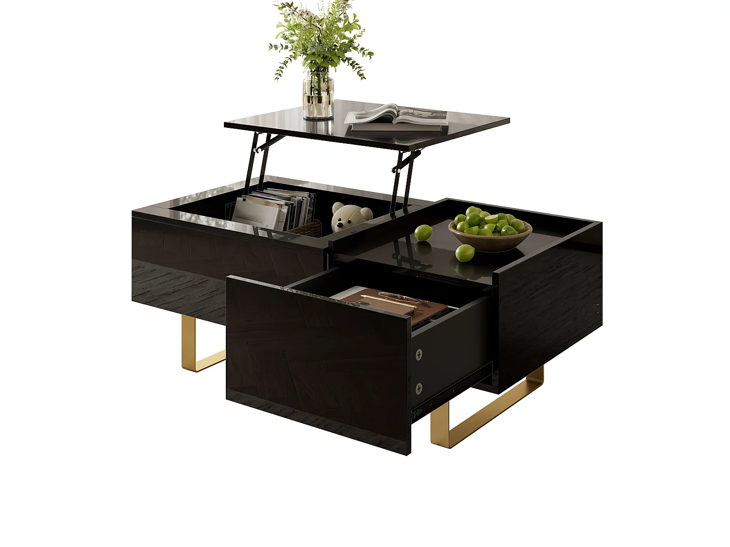 Mesa de centro elevable con acabado brillante y cajón - Negra 100 x 50 x 54,5 cm