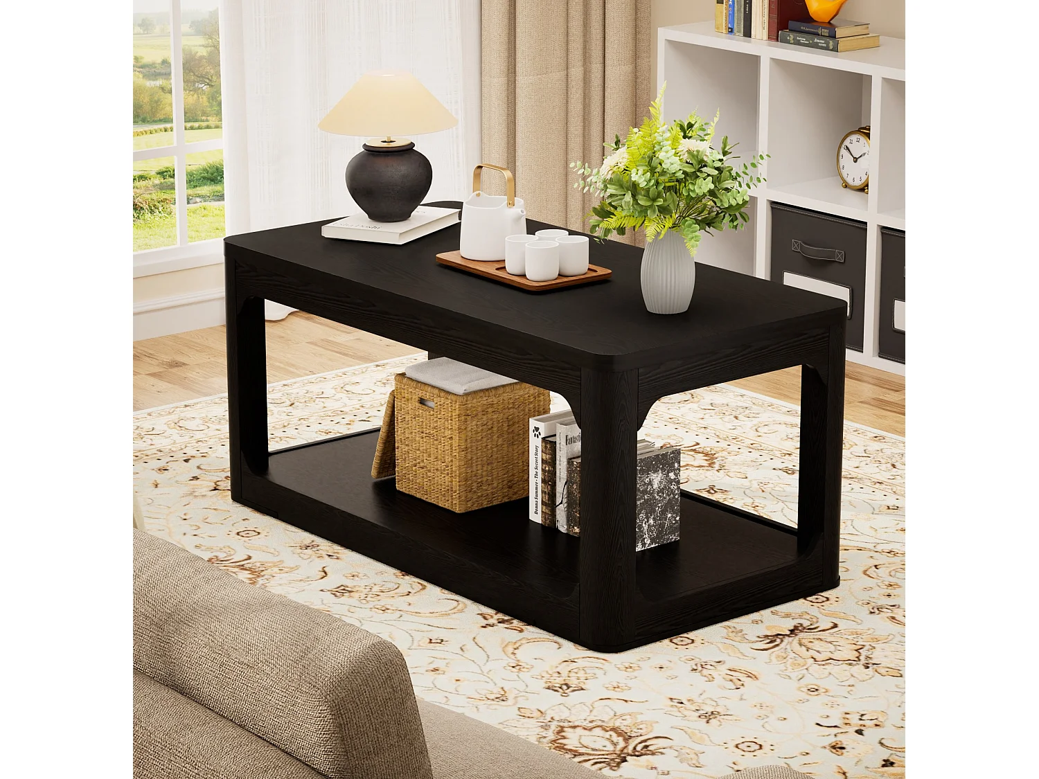 Mesa de centro preta de 100x50x44,5 cm com 2 níveis - Design simples e moderno