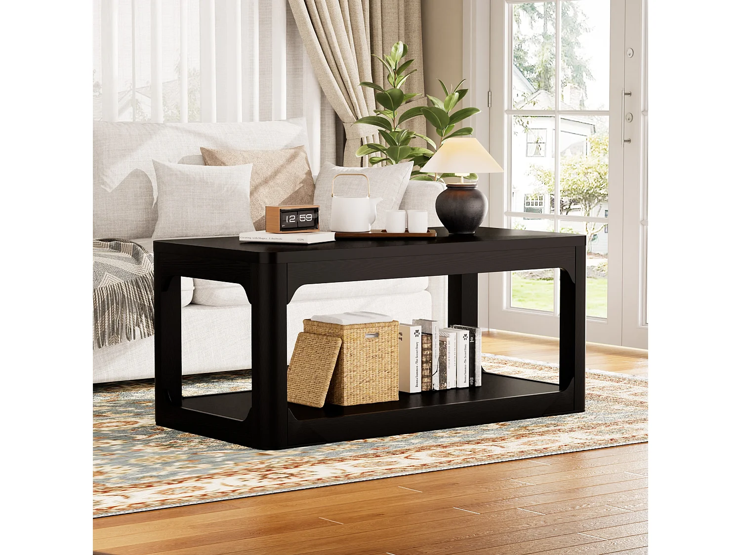 Mesa de centro preta de 100x50x44,5 cm com 2 níveis - Design simples e moderno