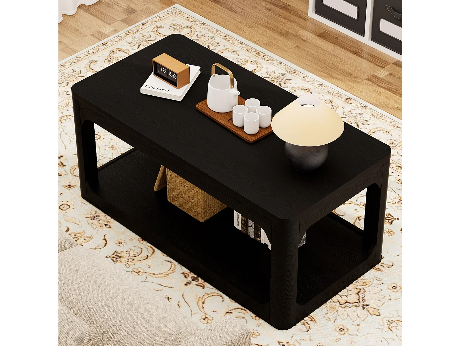 Mesa de centro preta de 100x50x44,5 cm com 2 níveis - Design simples e moderno